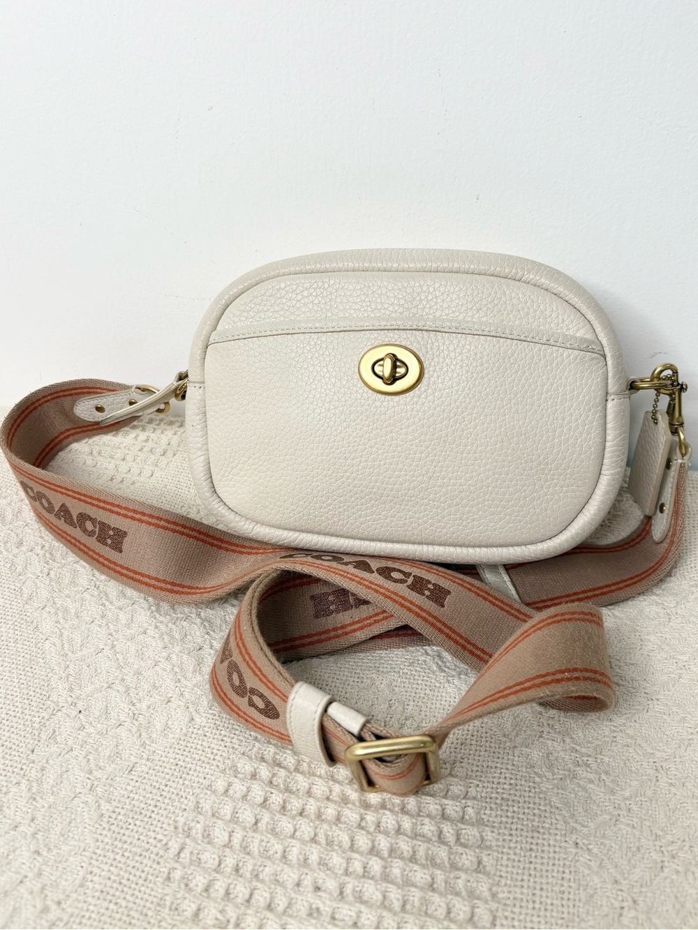 Coach Pebbled Leather Camera Bag in Chalk with Signature Strap C7956